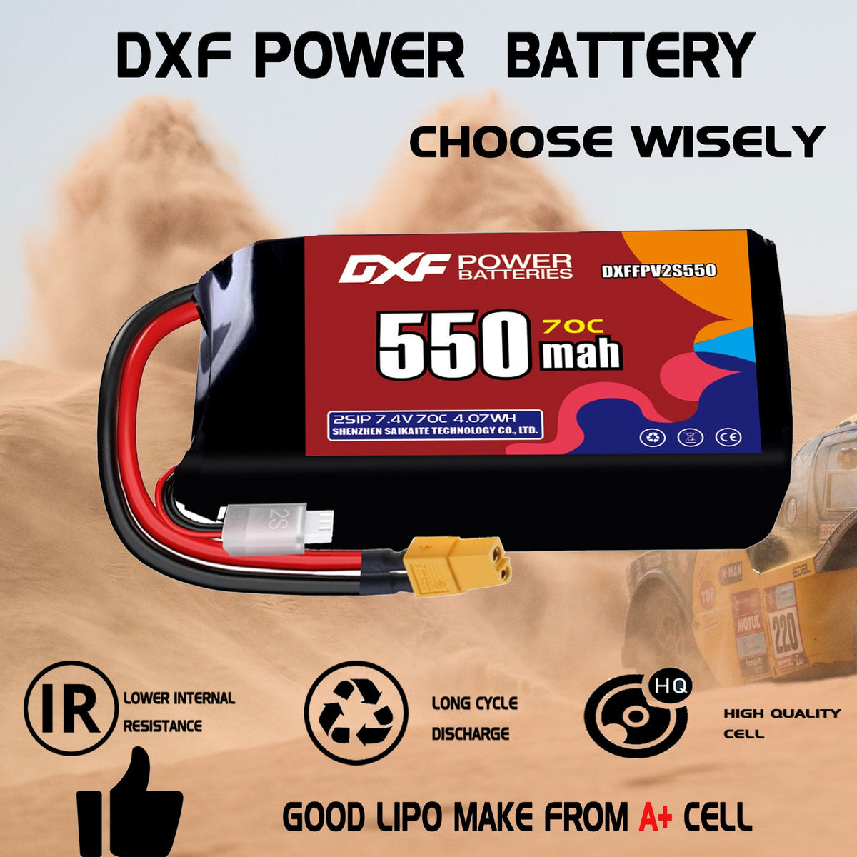 DXF LiPo Battery 2S 7.4V 550mAh 70C with PH2.0 / JST / XT30 / SM / XT60 / EC5 / XT90 for FPV Drone Whoop Micro Racing