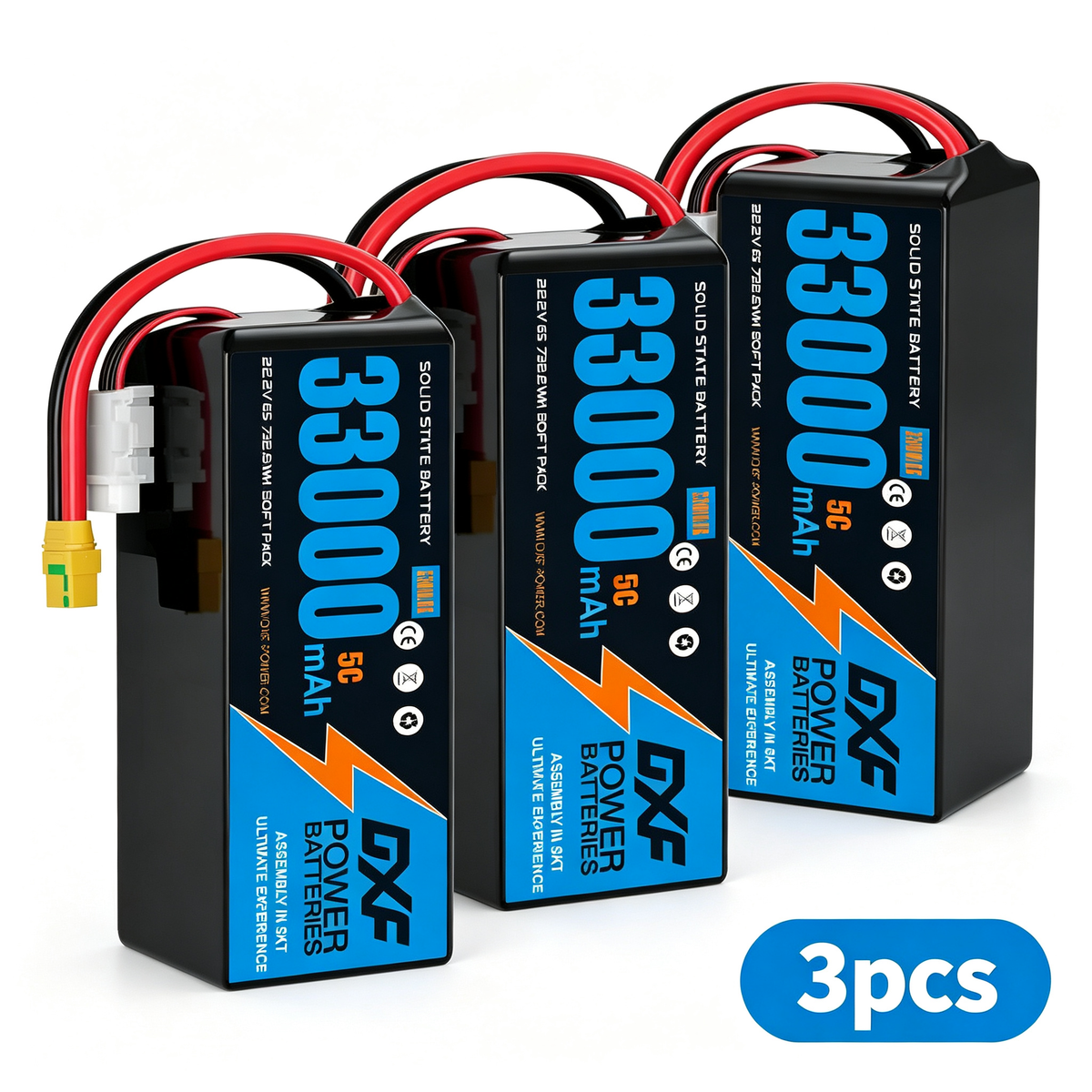 DXF 6S 22.2V 33000mAh 5C Soft Case LiPo Battery with 8AWG Wire for Toy Cars, Boats, UAVs & Drones (1-6 Pack)