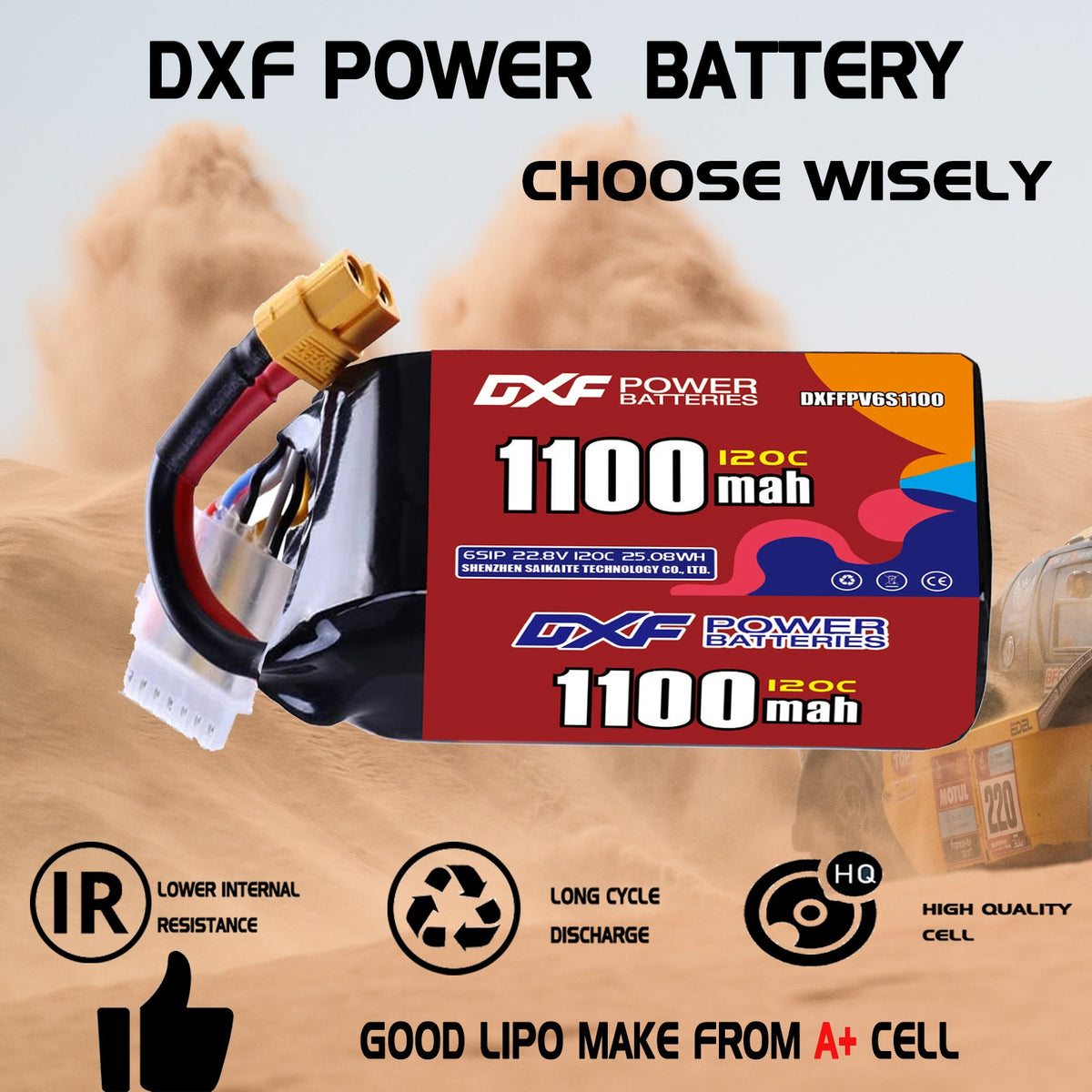 DXF 6S 22.8V 1100mAh 120C LiPo Battery for FPV Micro Drones (PH2.0 / JST / XT30 / SM / XT60 / EC5 / XT90 Options)