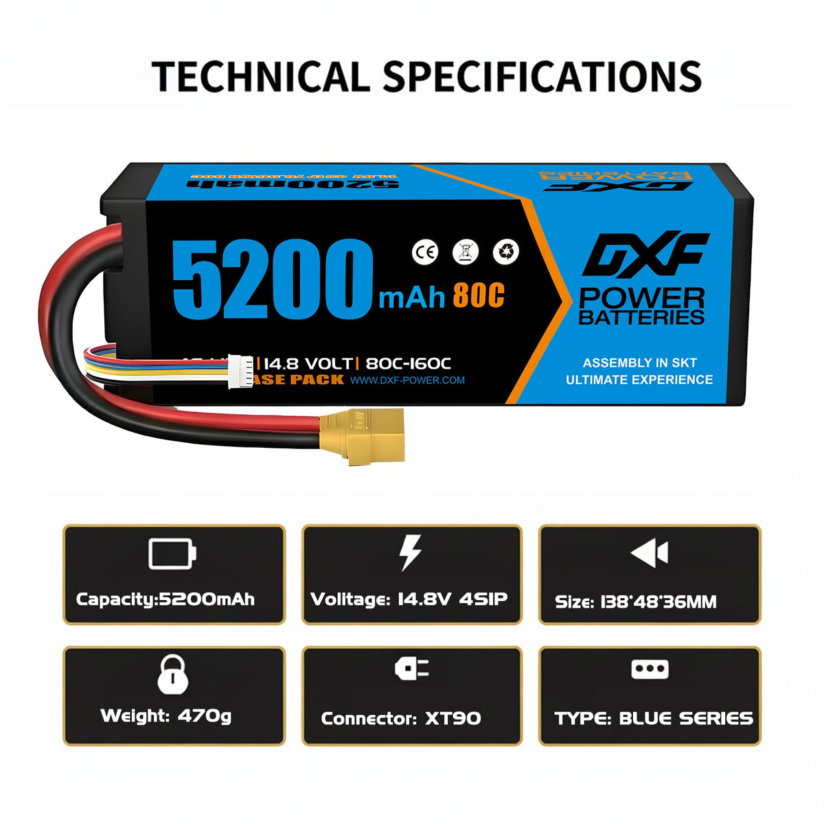 DXF LiPo Battery 4S 14.8V 5200mAh 80C Graphene Softcase with EC5 / T / TRX / XT60 / XT90 / XT150 / Q8s Plug for RC 1/8 1/10 Buggy Truck Car Off-Road Drone