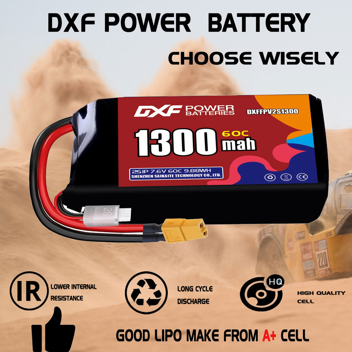 DXF LiPo Battery 2S HV 7.6V 1300mAh 60C with PH2.0 / JST / XT30 / SM / XT60 / EC5 / XT90 for FPV Drone Whoop Micro Racing