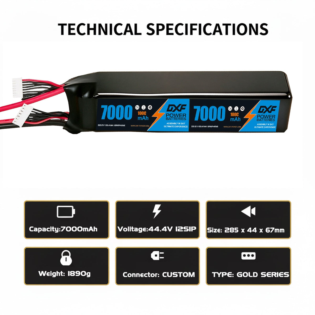 DXF Lipo Battery 12S 44.4V 7000mAh 100C GoldSeries Graphene Softcase with EC5 / T / TRX / XT60 / XT90 / XT150 / Q8s Plug for RC 1/8 1/10 Buggy Truck Car Off-Road Drone