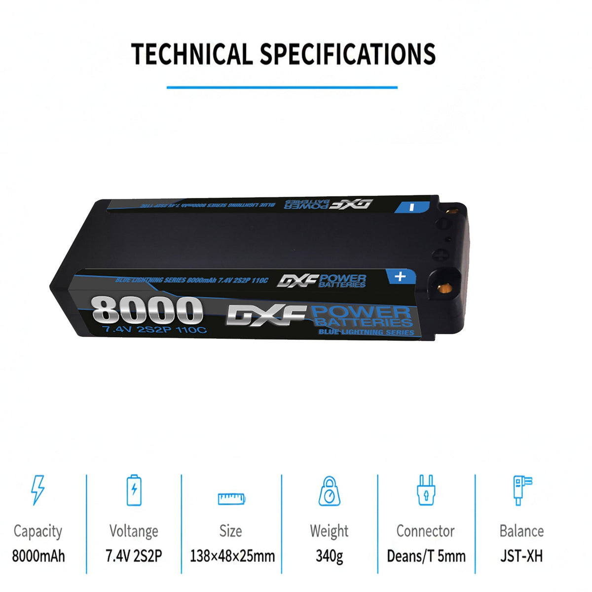 DXF LiPo Battery 2S2P 7.4V 8000mAh 110C Graphene with 5mm Bullet / EC5 / T / TRX / XT60 / XT90 / XT150 / Q8s Plug for RC 1/10 Touring Car Racing