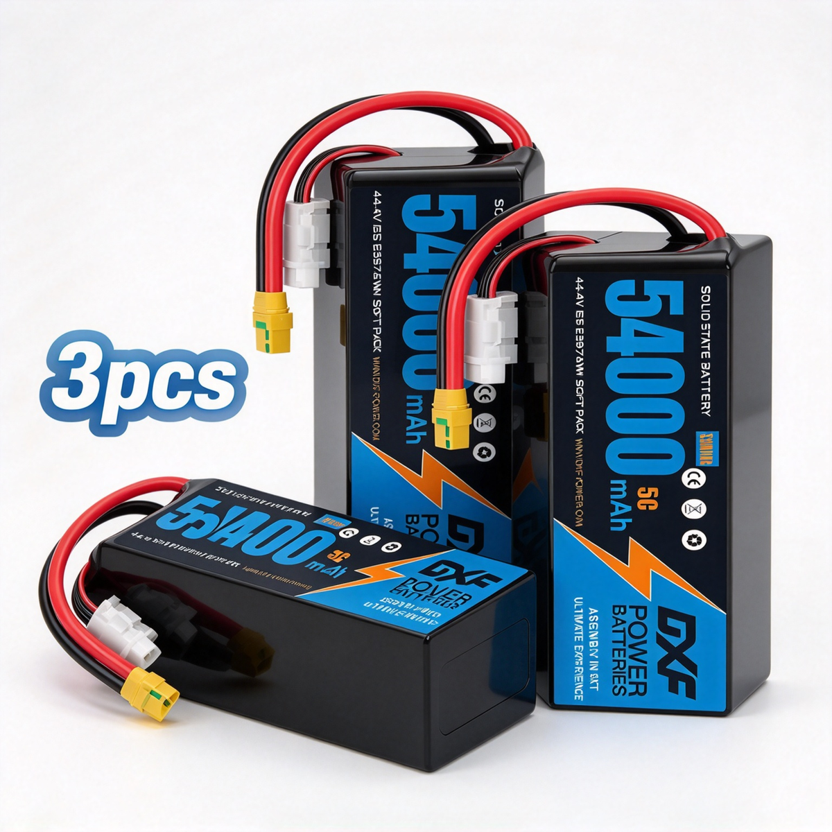 DXF SEMI-SOLID 12S 44.4V 54000mAh 5C Soft Case LiPo Battery with 8AWG Wire for Toy Cars, Boats, UAVs & Drones (1-6 Pack)