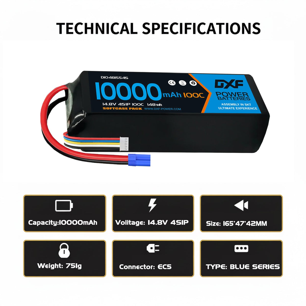 DXF 4S 14.8V 10000mAh 100C Graphene Softcase LiPo Battery with EC5 & 10AWG Wire (1-6 Pack)