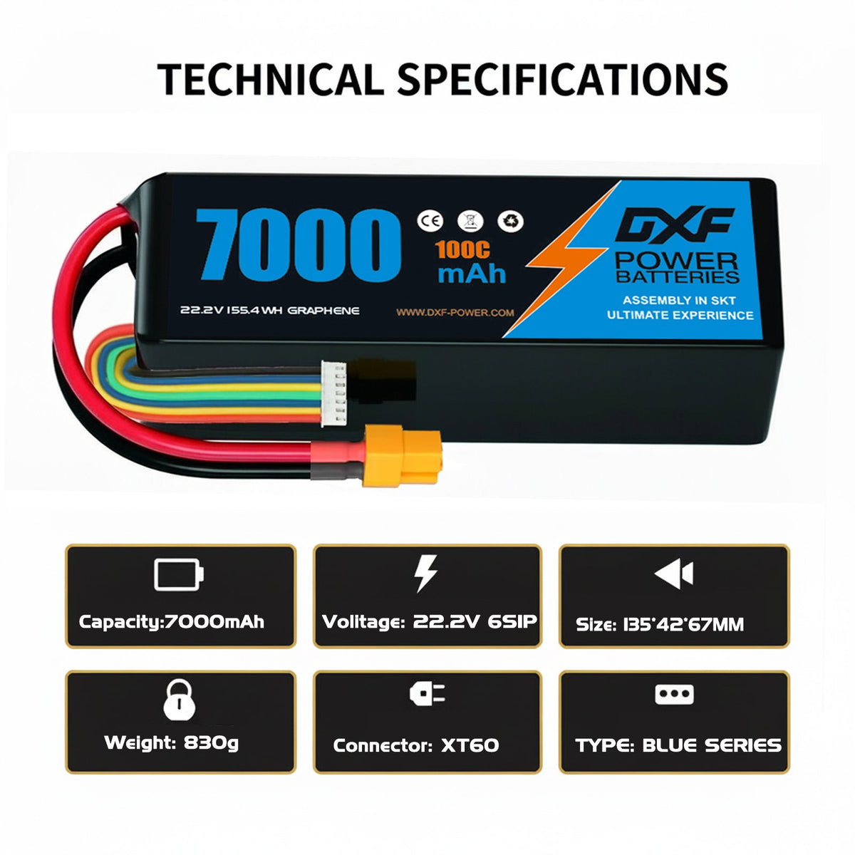 DXF 6S 22.2V 7000mAh 100C Softcase LiPo Battery with XT60 & 10AWG Wire for 1/8 RC Cars (1-6 Pack)