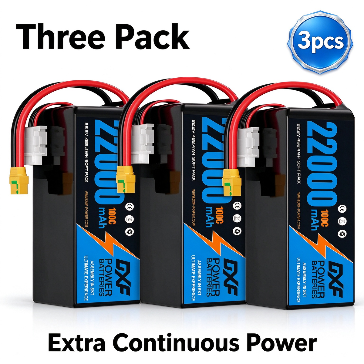 DXF 6S 22.2V 22000mAh 100C Soft Case LiPo Battery with 10AWG Wire for Toy Cars, Boats, UAVs & Drones (1-6 Pack)