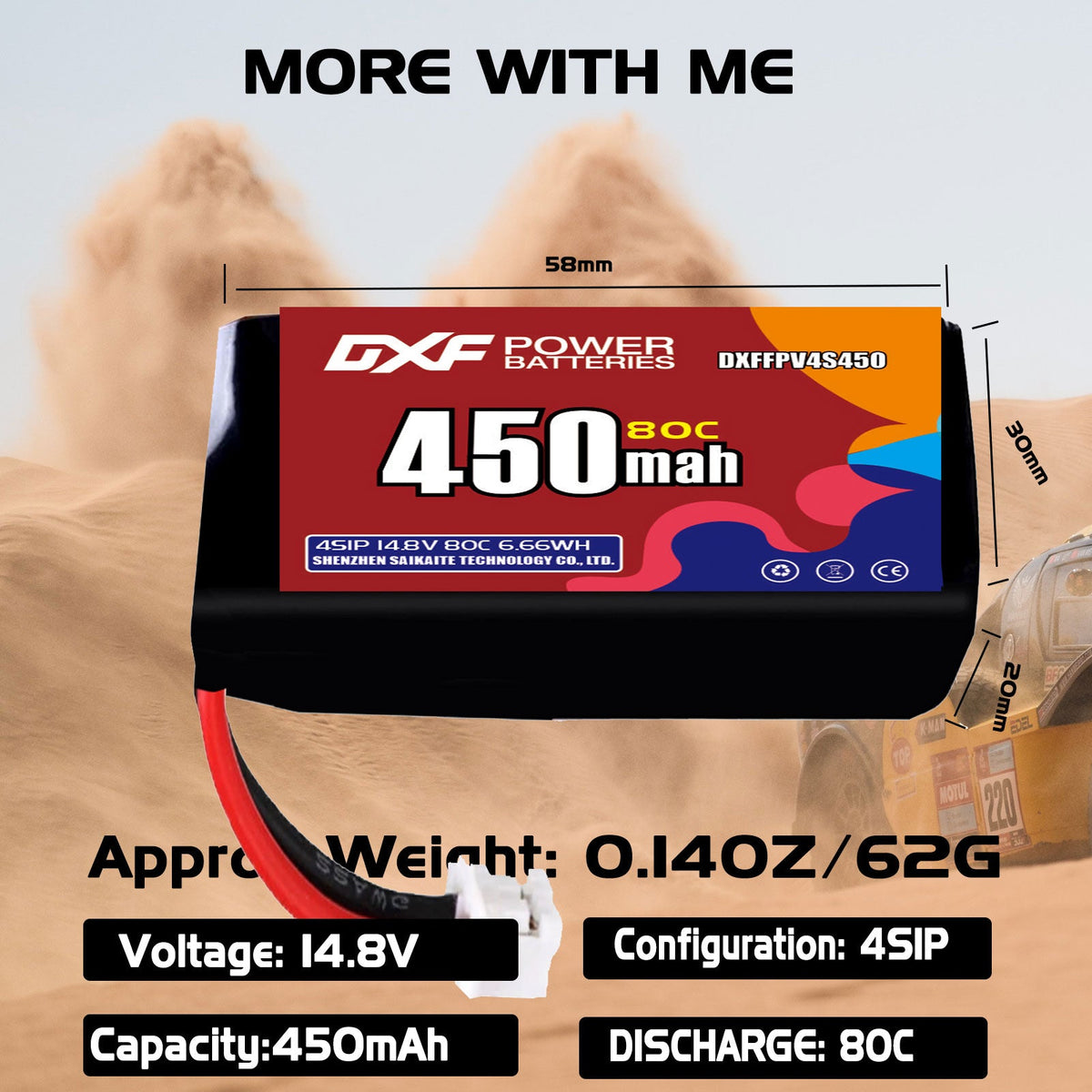 DXF 4S 14.8V 450mAh 80C LiPo Battery for FPV Micro Drones (PH2.0 / JST / XT30 / SM / XT60 / EC5 / XT90 Options)