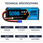 DXF 3S 11.1V 5200mAh 80C Hardcase LiPo Battery with EC5 & 10AWG Wire for Toy Cars, RC Boats, Aircraft Models & FPV Drones (1-6 Pack)