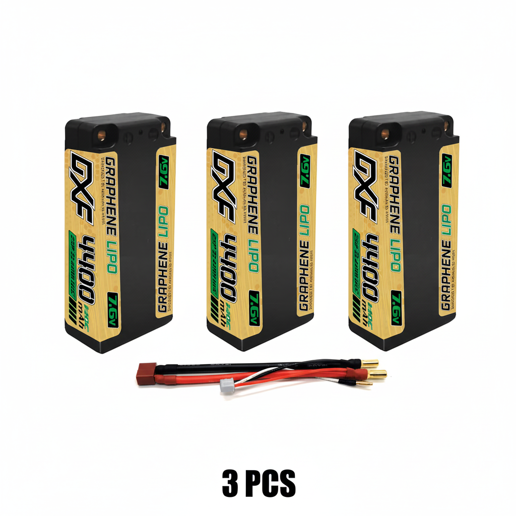 DXF 2S Shorty 7.6V 4400mAh 140C Graphene Hardcase LiPo Battery with 5mm Bullet to Deans Plug for 1/10 RC Buggies, Touring Cars & Trucks (1-6 Pack Available)