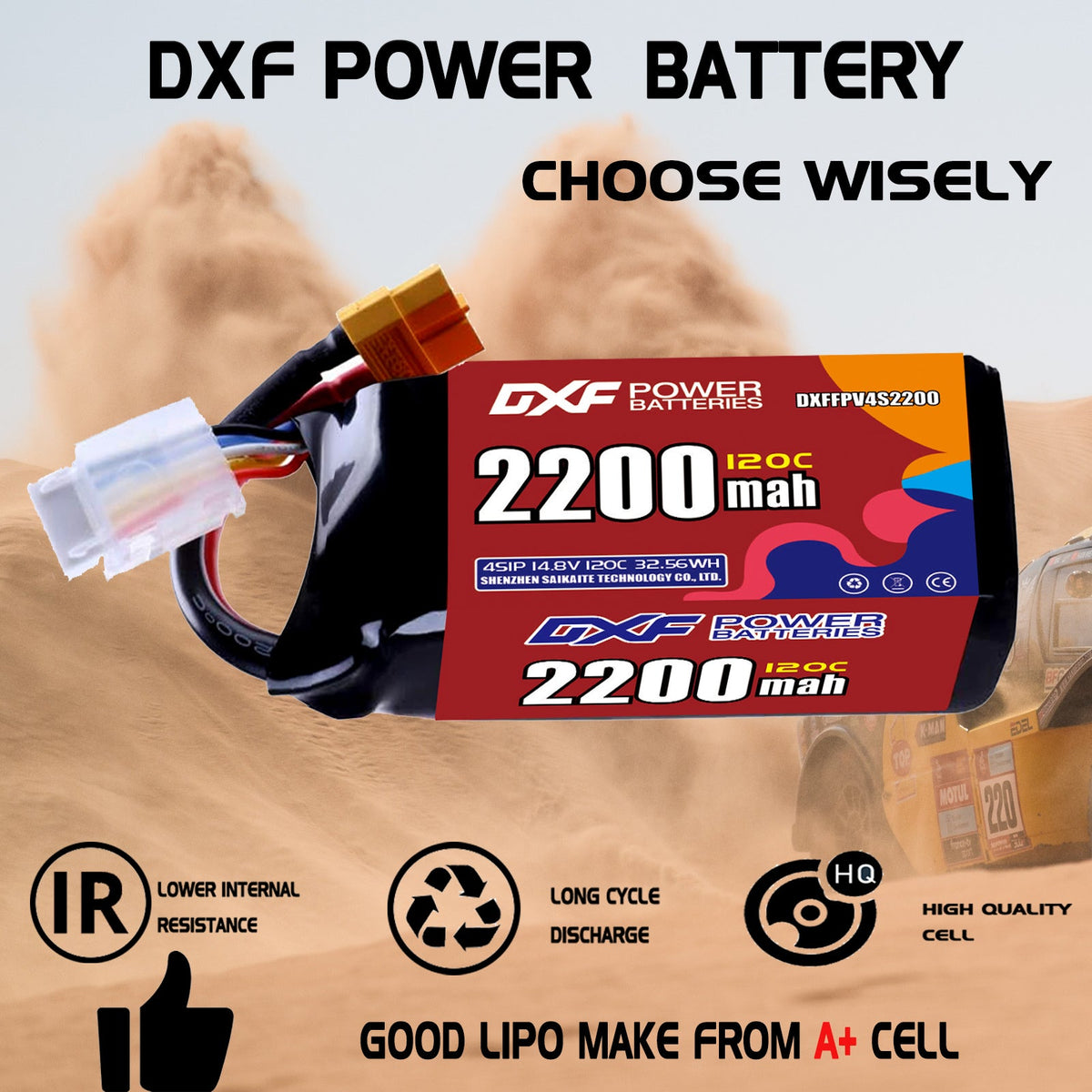 DXF 4S 14.8V 2200mAh 120C LiPo Battery for FPV Micro Drones (PH2.0 / JST / XT30 / SM / XT60 / EC5 / XT90 Options)