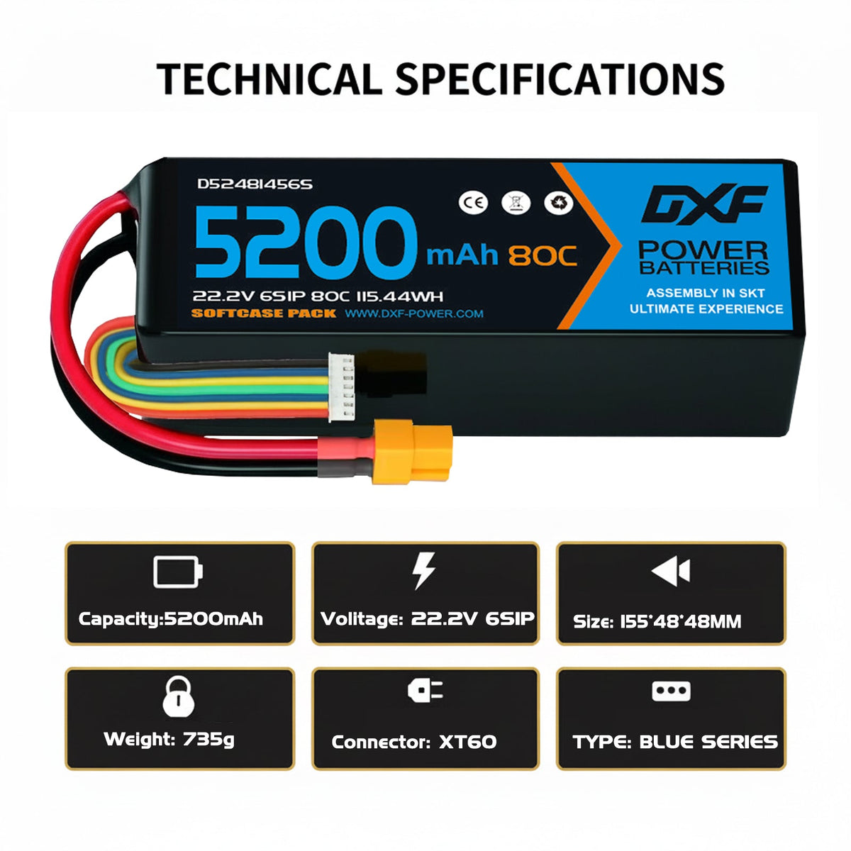 DXF 6S 22.2V 5200mAh 80C Softcase LiPo Battery with XT60 & 10AWG Wire for 1/8 RC Cars (1-6 Pack)