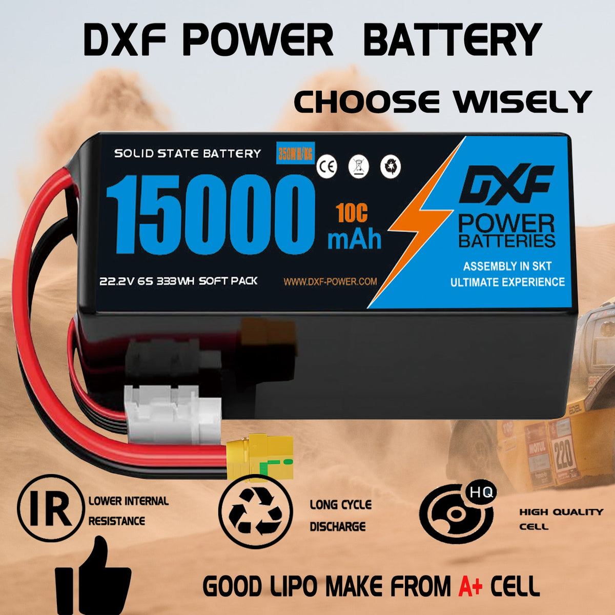 DXF SEMI-SOLID 12S 44.4V 15000mAh 10C Soft Case LiPo Battery with 8AWG Wire for UAVs & Drones (1-6 Pack)