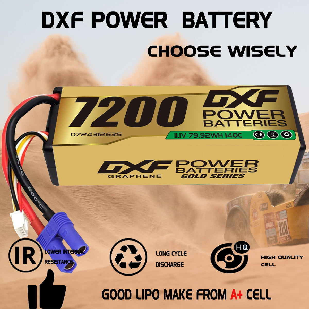 DXF LiPo Battery 3S 11.1V 7200mAh 140C Graphene Hardcase Gold with EC5 / T / TRX / XT60 / XT90 / XT150 / Q8s Plug for RC 1/8 1/10 Buggy Truck Car Off-Road Drone