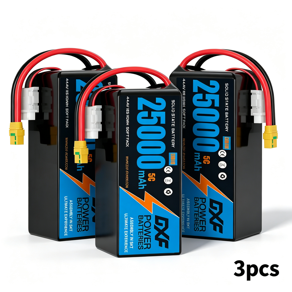 DXF SEMI-SOLID 12S 44.4V 25000mAh 5C Soft Case LiPo Battery with 8AWG Wire for Toy Cars, Boats, UAVs & Drones (1-6 Pack)
