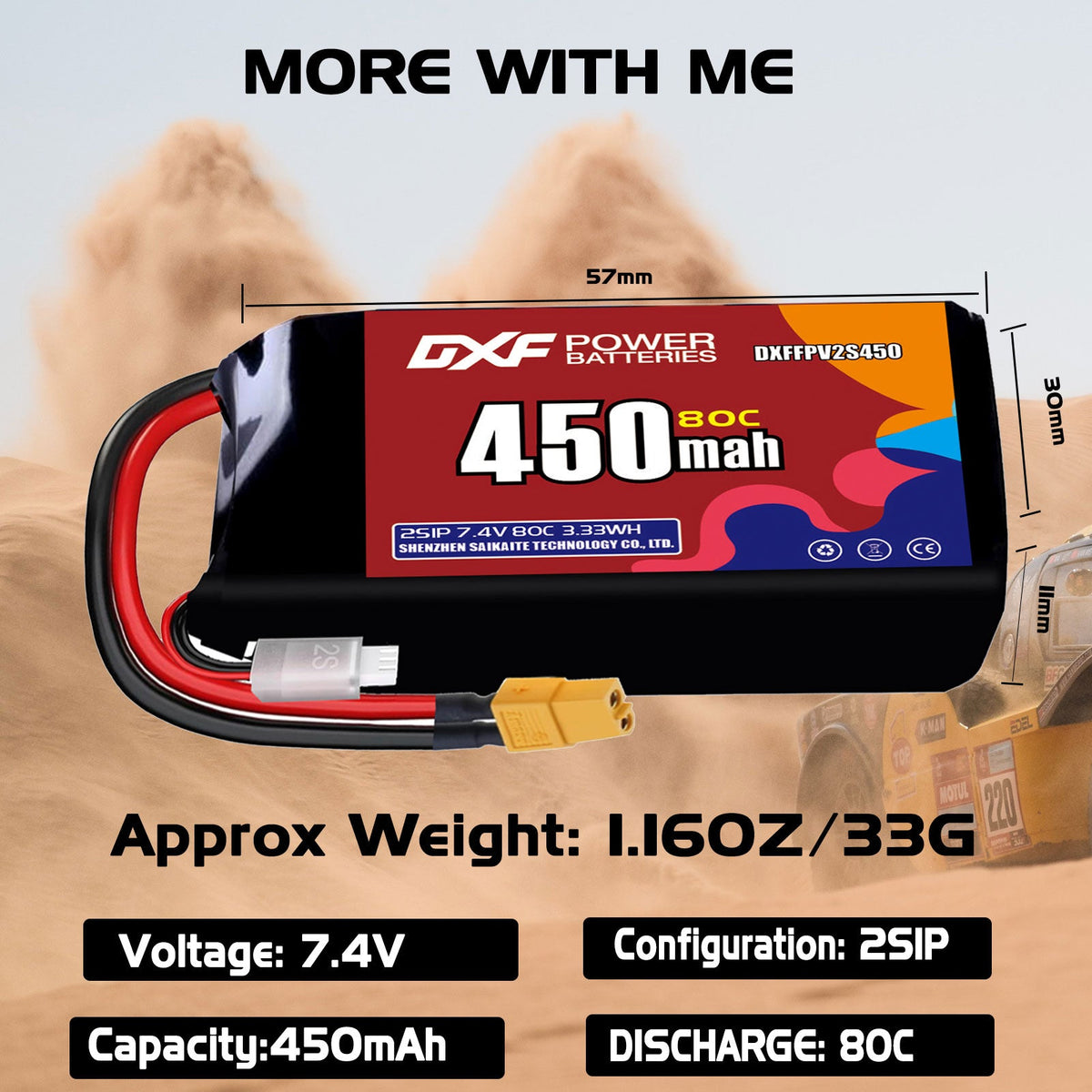 DXF 2S 7.4V 450mAh 80C LiPo Battery for FPV Micro Drones (PH2.0 / JST / XT30 / SM / XT60 / EC5 / XT90 Options)