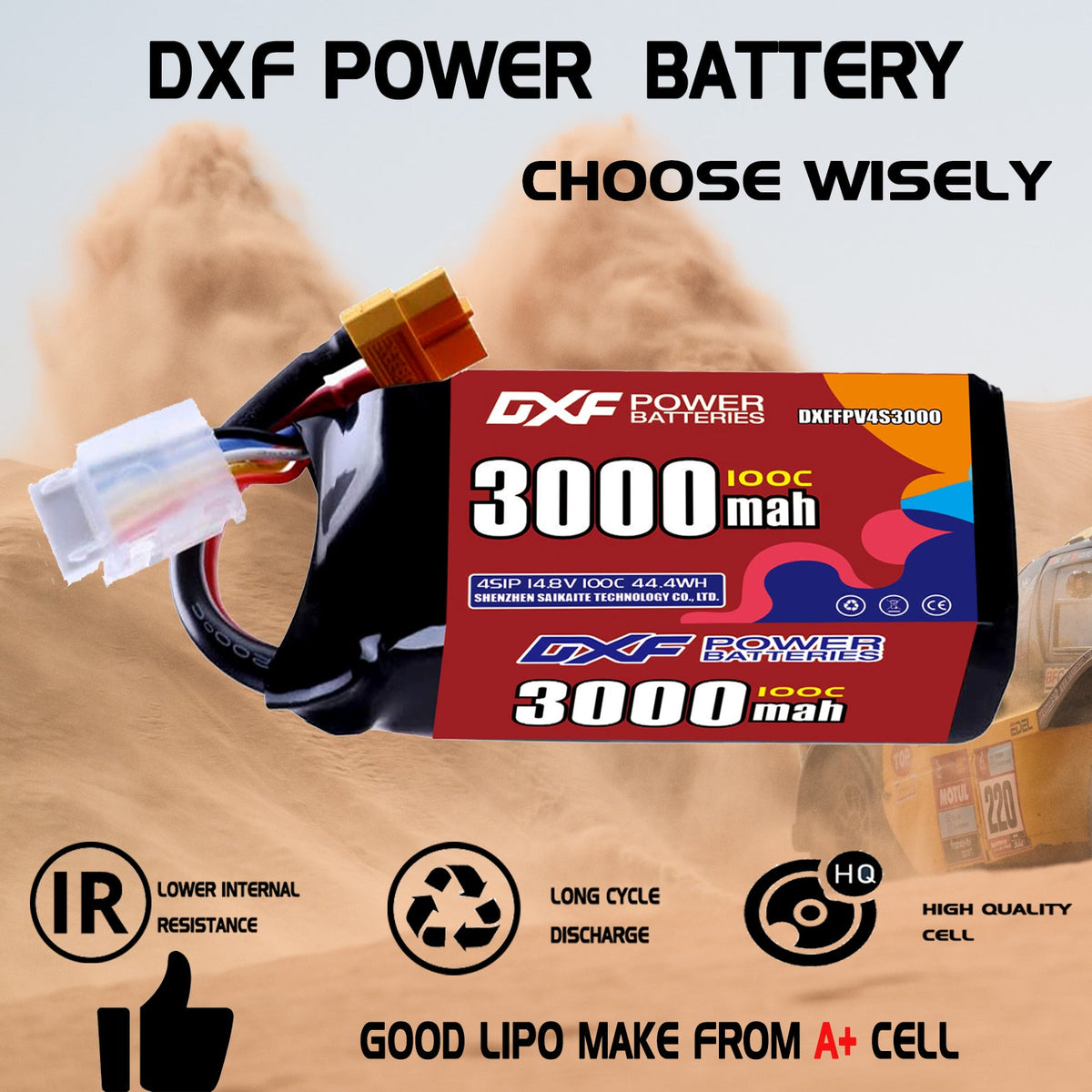 DXF 4S 14.8V 3000mAh 100C LiPo Battery for FPV Micro Drones (PH2.0 / JST / XT30 / SM / XT60 / EC5 / XT90 Options)