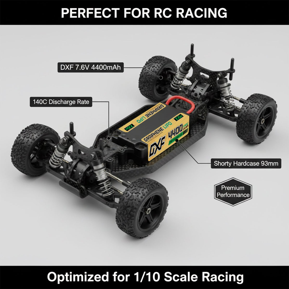 DXF 2S Shorty 7.6V 4400mAh 140C Graphene Hardcase LiPo Battery with 5mm Bullet to Deans Plug for 1/10 RC Buggies, Touring Cars & Trucks (1-6 Pack Available)