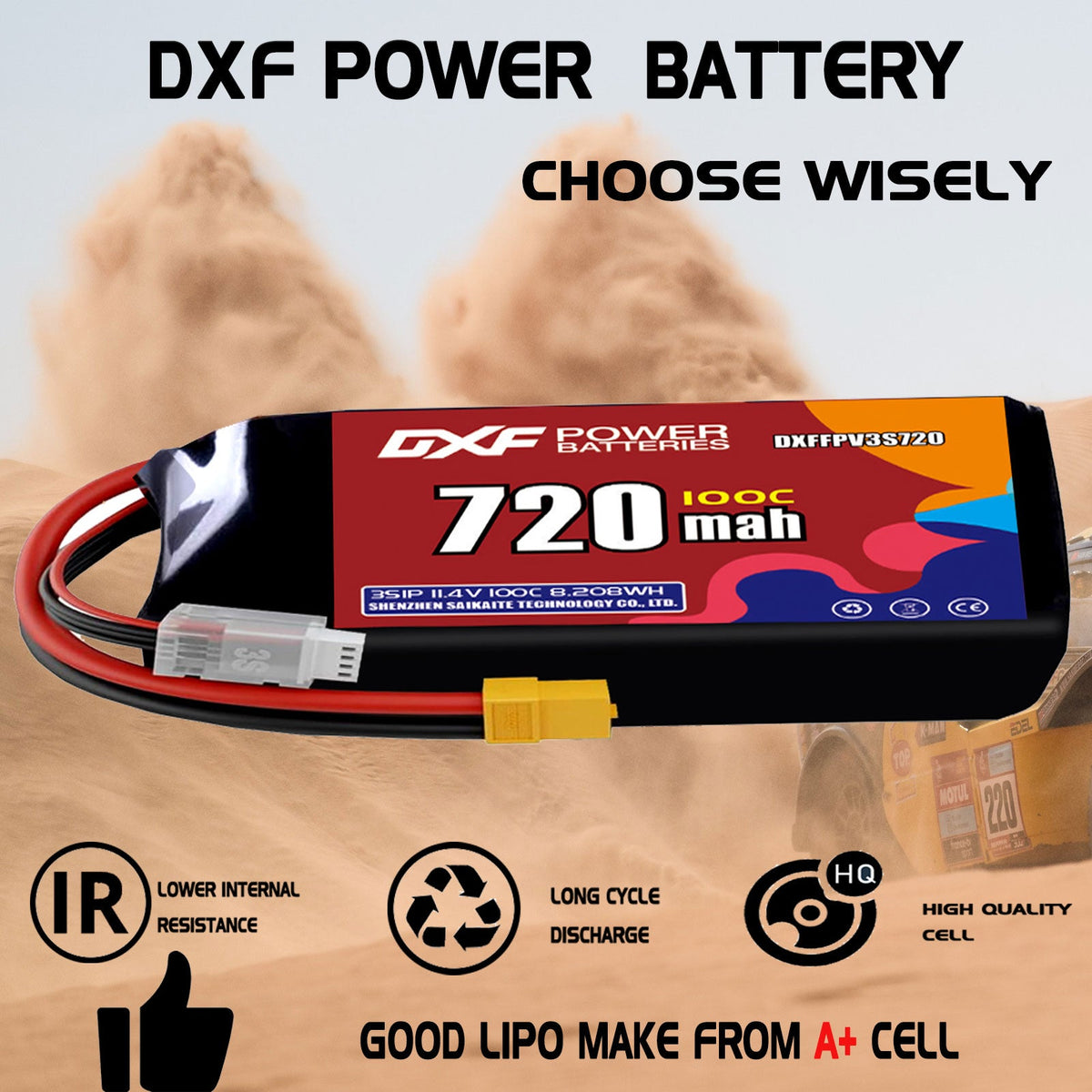 DXF 3S 11.4V 720mAh 100C LiPo Battery for FPV Micro Drones (PH2.0 / JST / XT30 / SM / XT60 / EC5 / XT90 Options)
