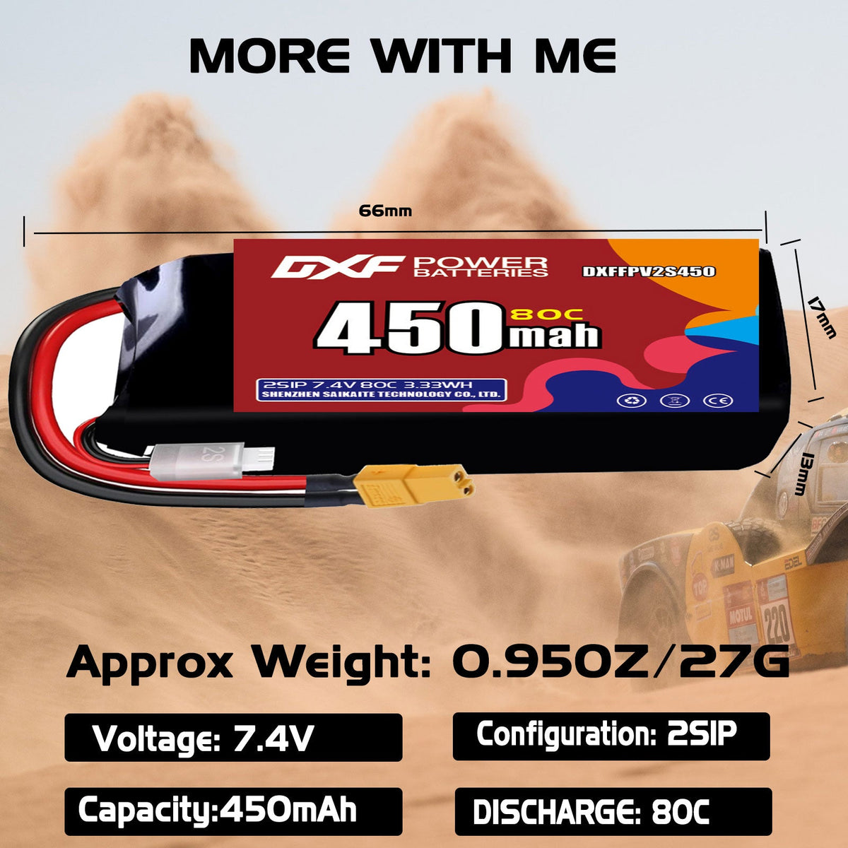 DXF LiPo Battery 2S 7.4V 450mAh 80C with PH2.0 / JST / XT30 / SM / XT60 / EC5 / XT90 for FPV Drone Whoop Micro Racing