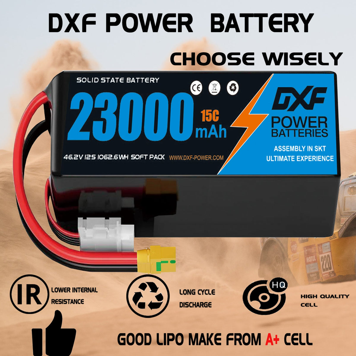 DXF SEMI-SOLID 12S 46.2V 23000mAh 15C Soft Case LiPo Battery with 8AWG Wire for Toy Cars, Boats, UAVs & Drones (1-6 Pack)