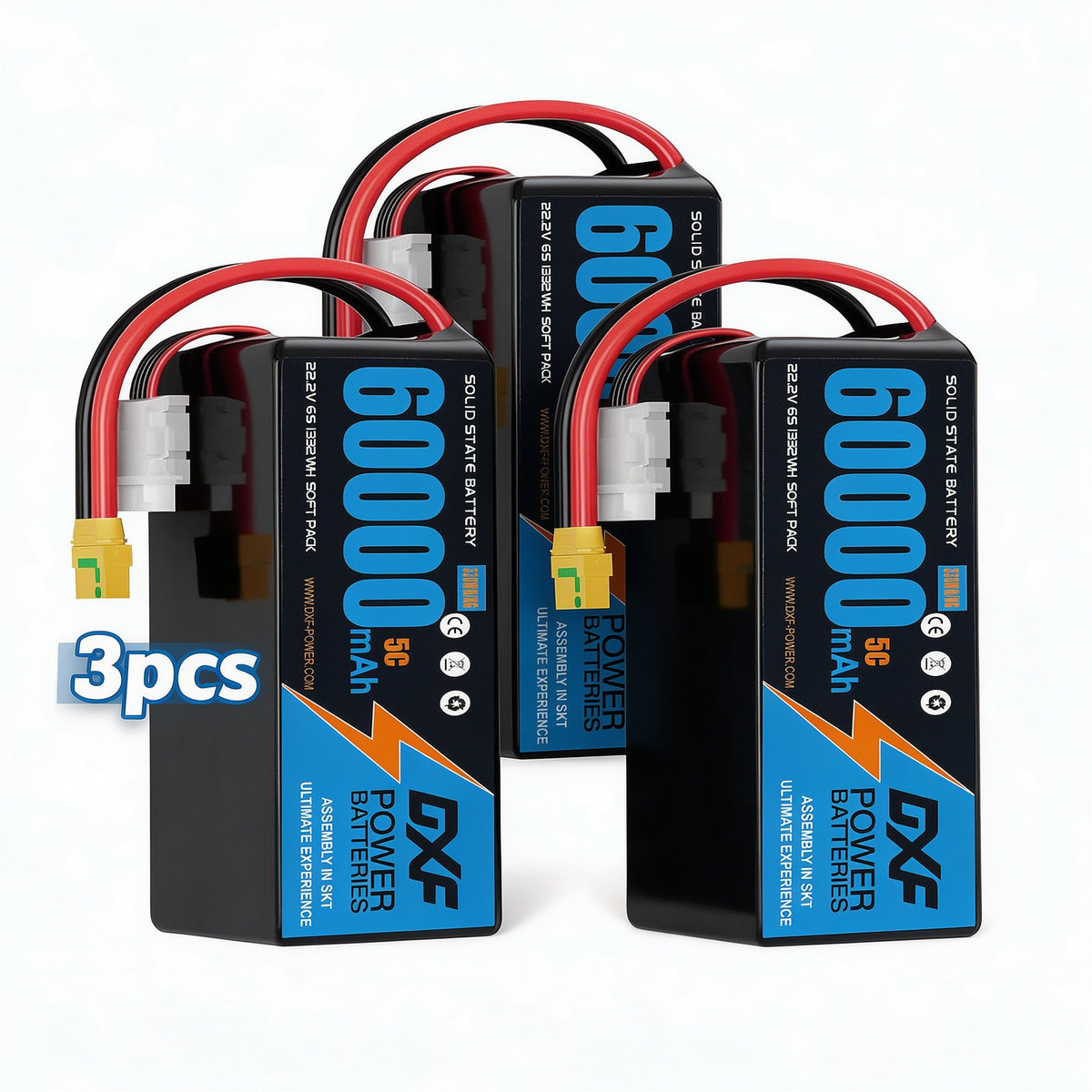 DXF 6S 22.2V 60000mAh 5C Soft Case LiPo Battery with 8AWG Wire for Toy Cars, Boats, UAVs & Drones (1-6 Pack)