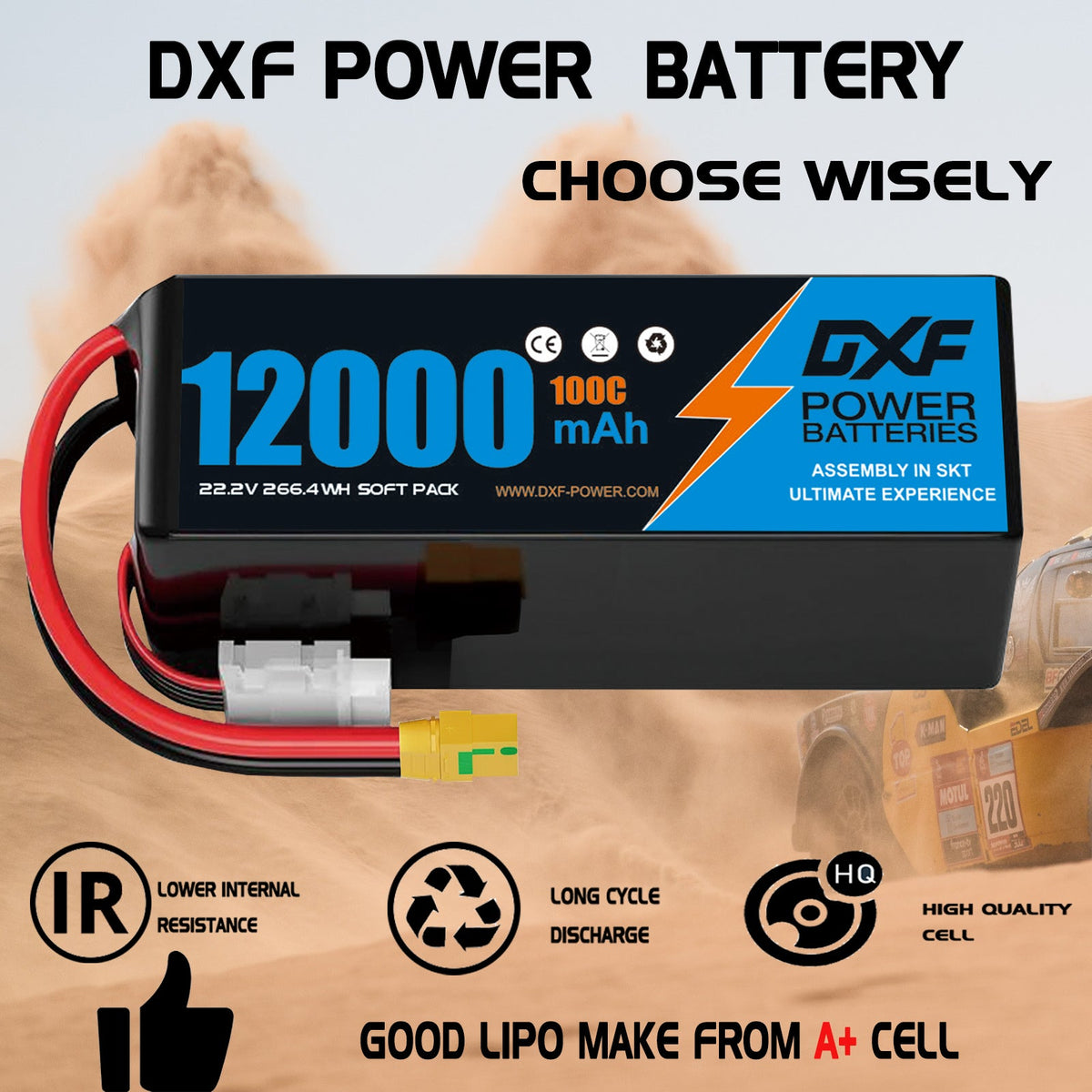 DXF 6S 22.2V 12000mAh 100C Soft Case LiPo Battery with 8AWG Wire for Toy Cars, Boats, UAVs & Drones (1-6 Pack)