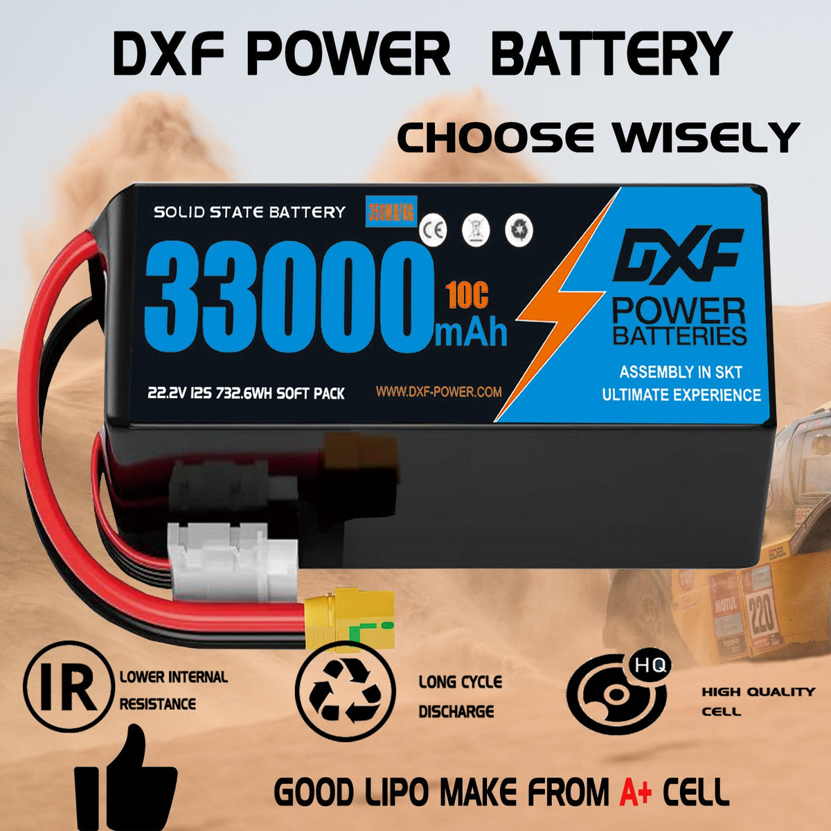 DXF 6S 22.2V 33000mAh 10C Soft Case LiPo Battery with 8AWG Wire for Toy Cars, Boats, UAVs & Drones (1-6 Pack)