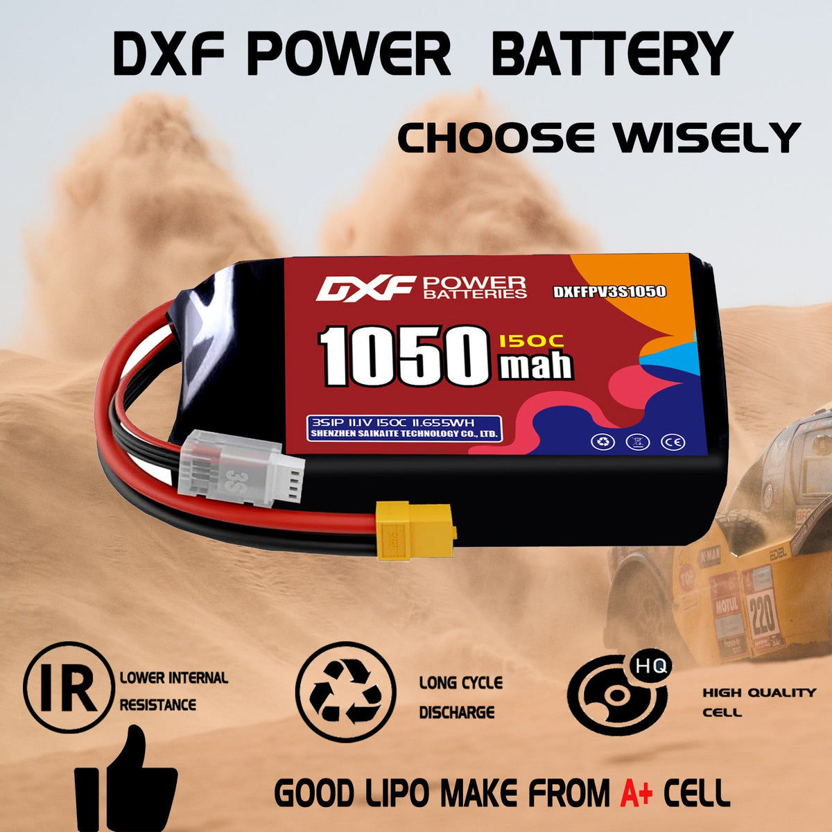 DXF 3S 11.1V 1050mAh 150C LiPo Battery for FPV Micro Drones (PH2.0 / JST / XT30 / SM / XT60 / EC5 / XT90 Options)