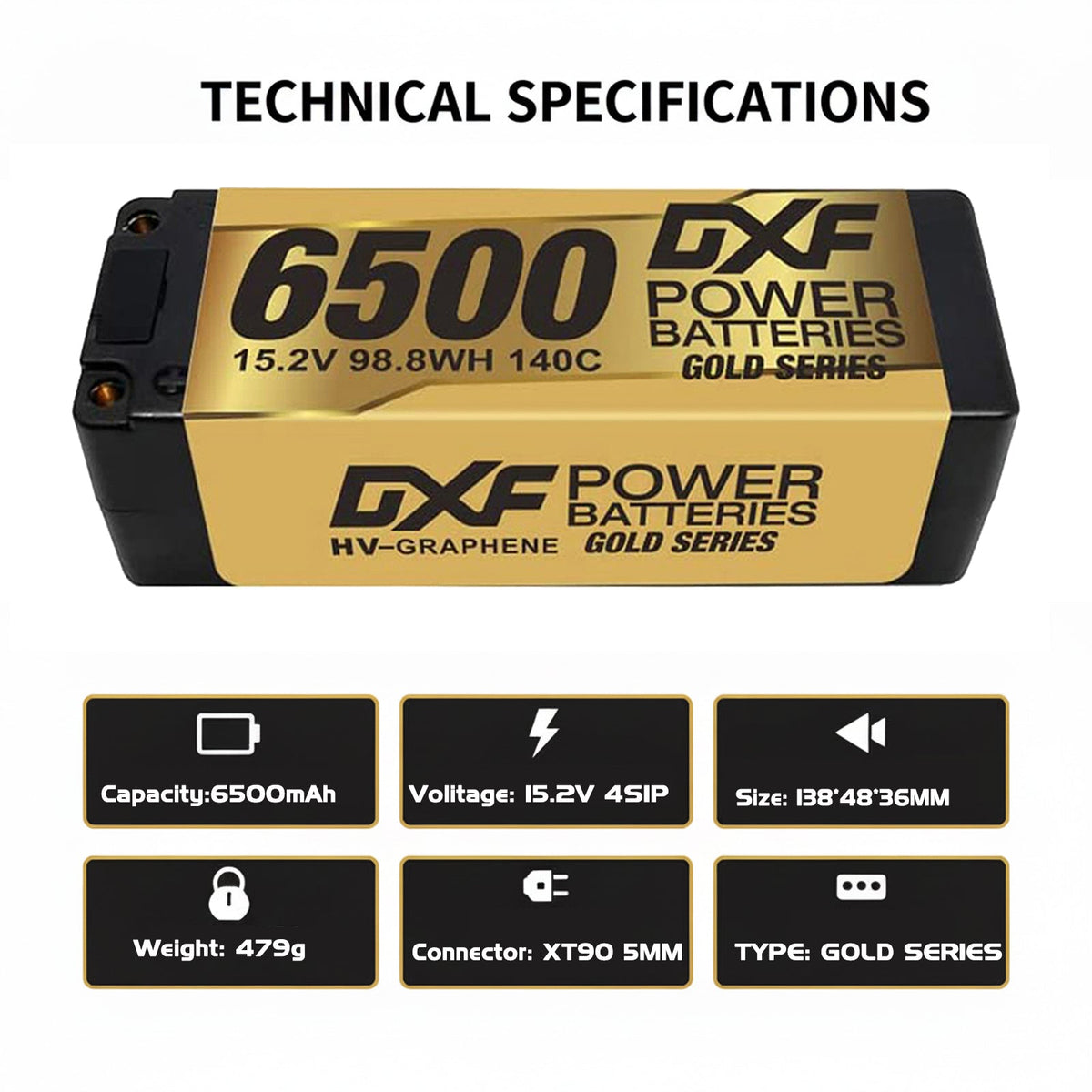 DXF LiPo Battery 4S HV 15.2V 6500mAh 140C Graphene Gold Version with 5mm Bullet / EC5 / T / TRX / XT60 / XT90 / XT150 / Q8s Plug for RC 1/8 1/5 Scale Car Buggy Truggy Racing