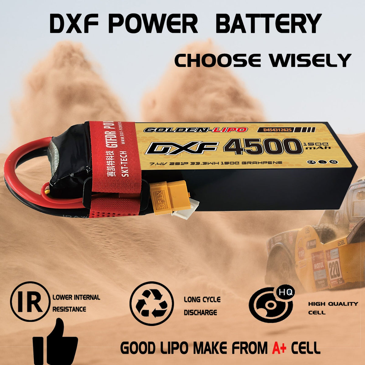 DXF Lipo Battery 2S 7.4V 4500mAh 140C GoldSeries Graphene Softcase with EC5 / T / TRX / XT60 / XT90 / XT150 / Q8s Plug for RC 1/8 1/10 Buggy Truck Car Off-Road Drone