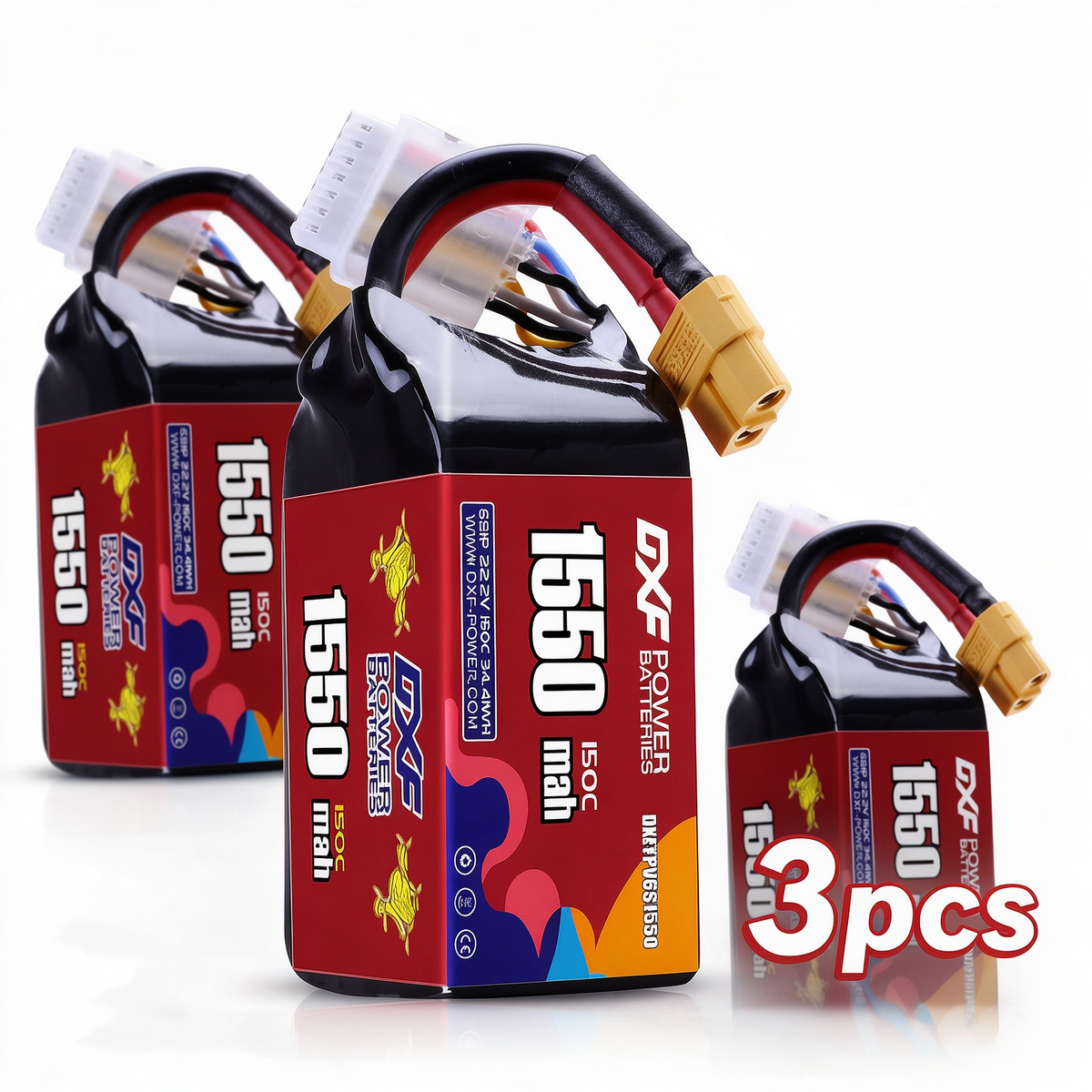 DXF 6S 22.2V 1550mAh 150C Gold Version Graphene LiPo Soft Case Battery with 12AWG XT60 Plug for RC Car Boat Airplane FPV Racing Drone (1-6 Pack Available)