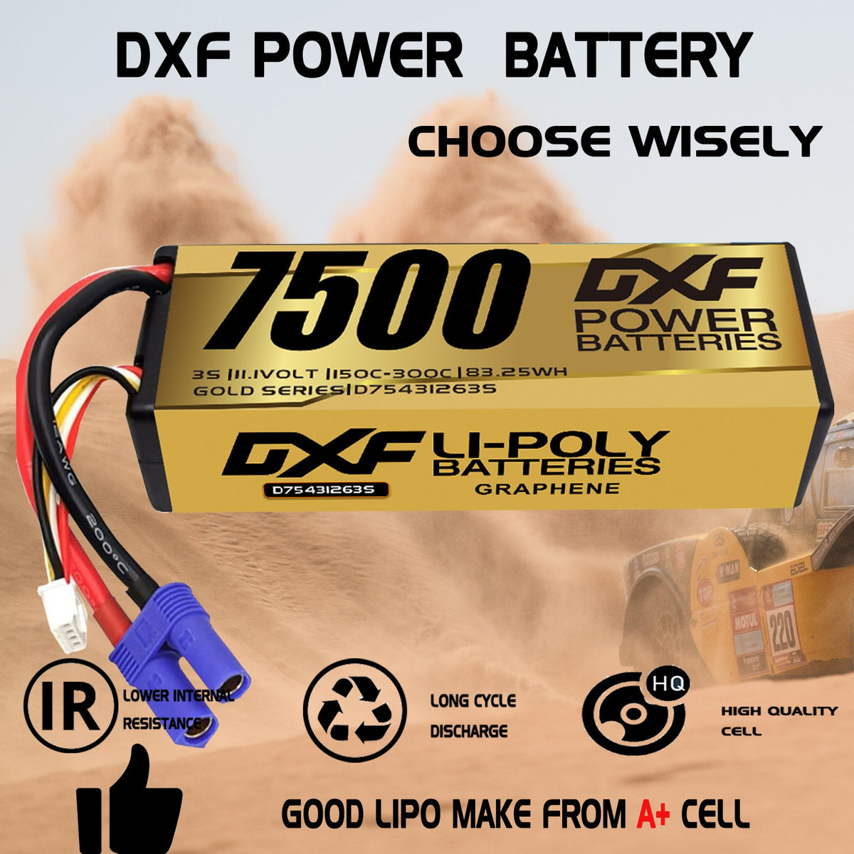 DXF LiPo Battery 3S 11.1V 7500mAh 140C Graphene Hardcase Gold with EC5 / T / TRX / XT60 / XT90 / XT150 / Q8s Plug for RC 1/8 1/10 Buggy Truck Car Off-Road Drone