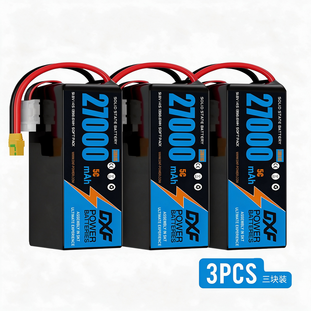 DXF SEMI-SOLID 14S 51.8V 27000mAh 5C Soft Case LiPo Battery with 8AWG Wire for Toy Cars, Boats, UAVs & Drones (1-6 Pack)