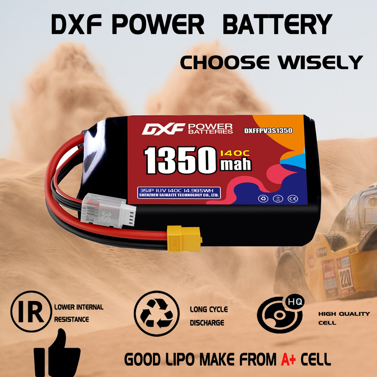 DXF 3S 11.1V 1350mAh 140C LiPo Battery for FPV Micro Drones (PH2.0 / JST / XT30 / SM / XT60 / EC5 / XT90 Options)