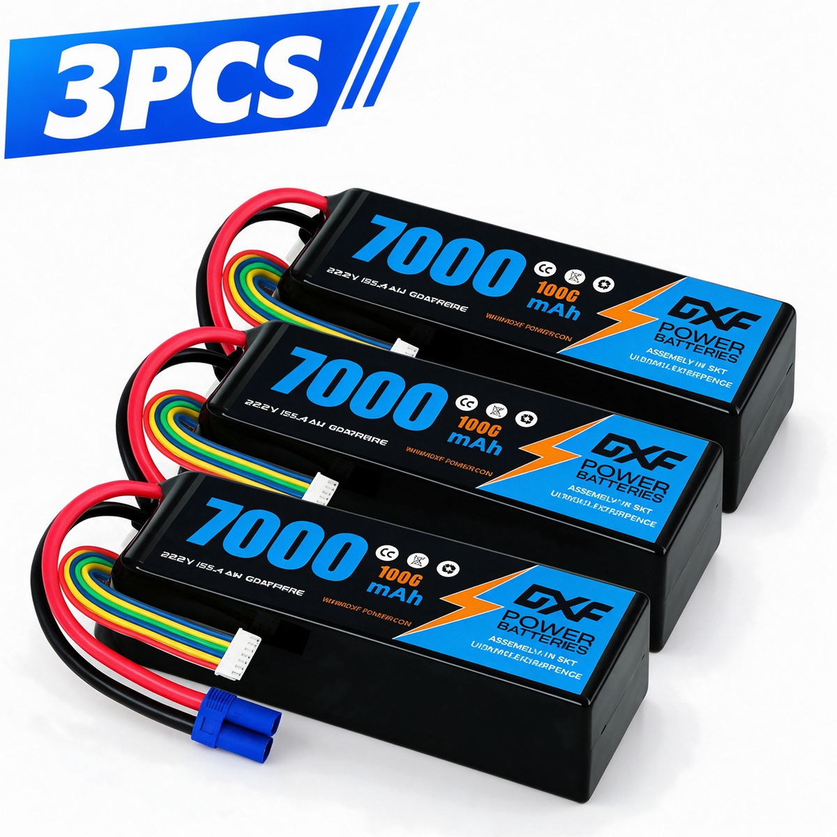 DXF 6S 22.2V 7000mAh 100C Softcase LiPo Battery with EC5 & 10AWG Wire for 1/8 RC Cars (1-6 Pack)
