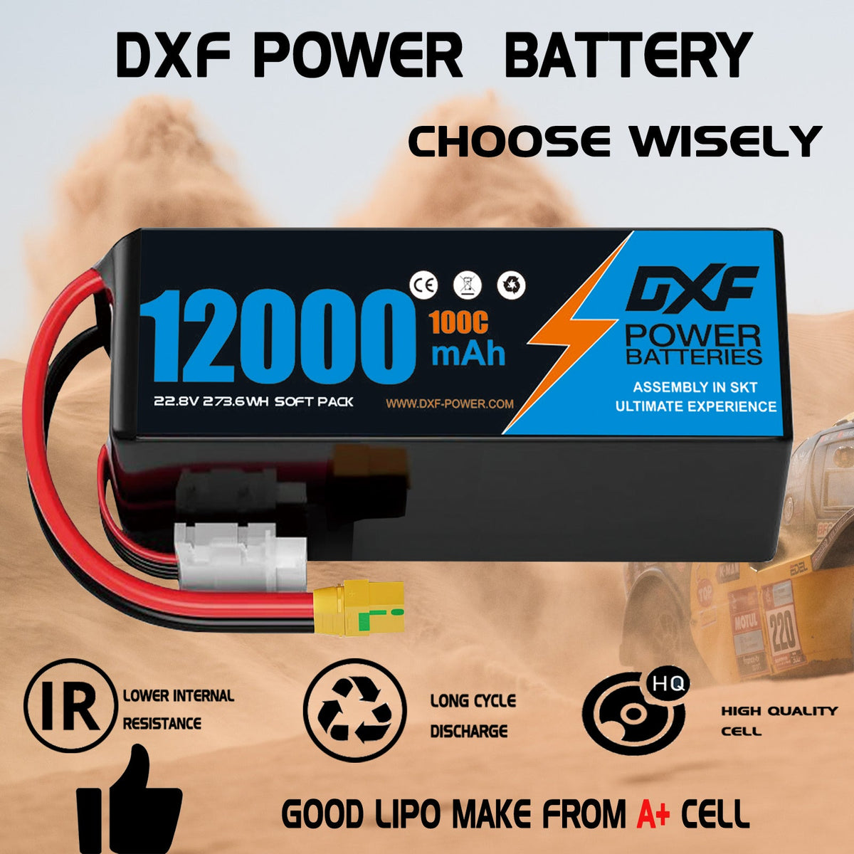 DXF 6S 22.8V 12000mAh 100C Soft Case LiPo Battery with 8AWG Wire for Toy Cars, Boats, UAVs & Drones (1-6 Pack)