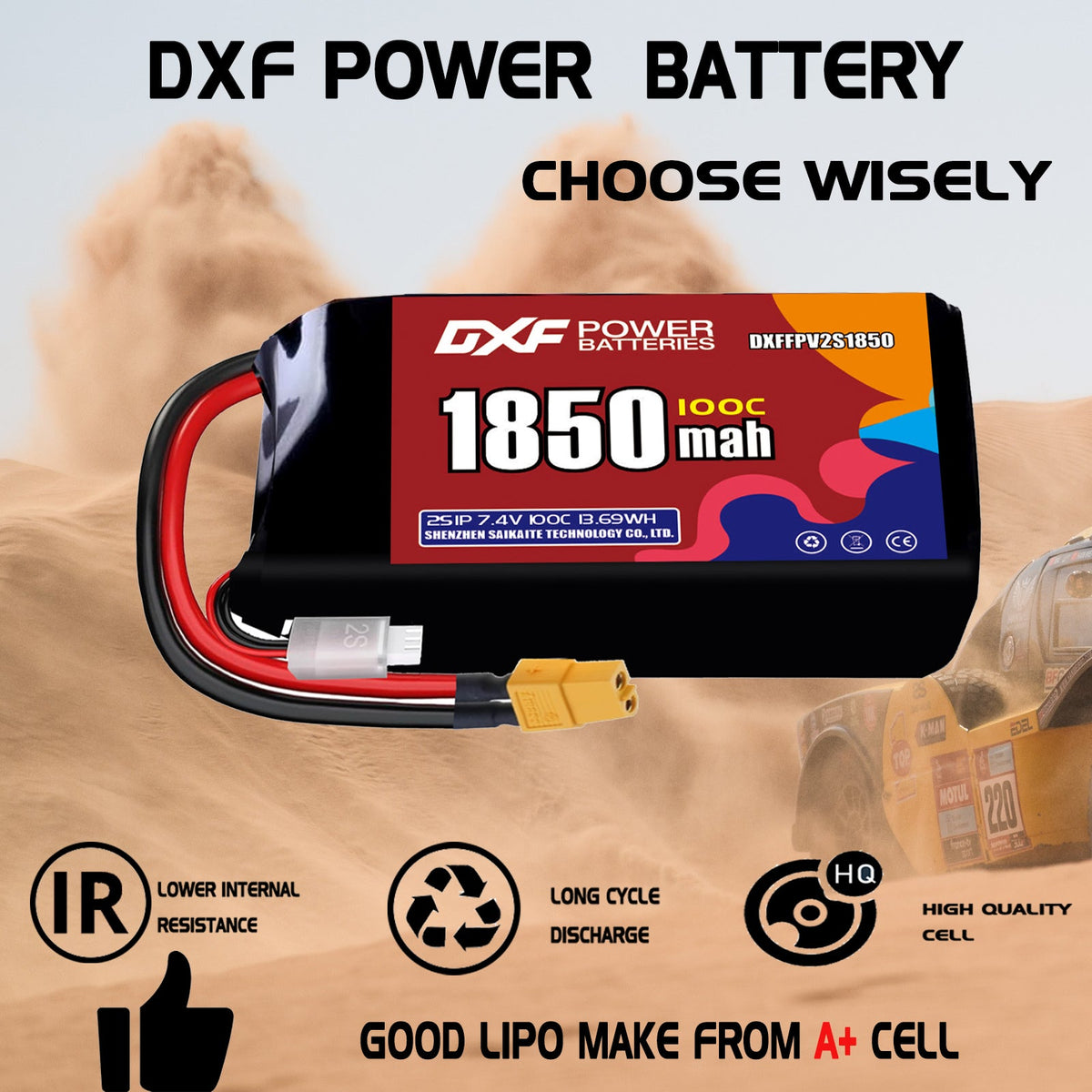 DXF 2S 7.4V 1850mAh 100C LiPo Battery for FPV Micro Drones (PH2.0 / JST / XT30 / SM / XT60 / EC5 / XT90 Options)