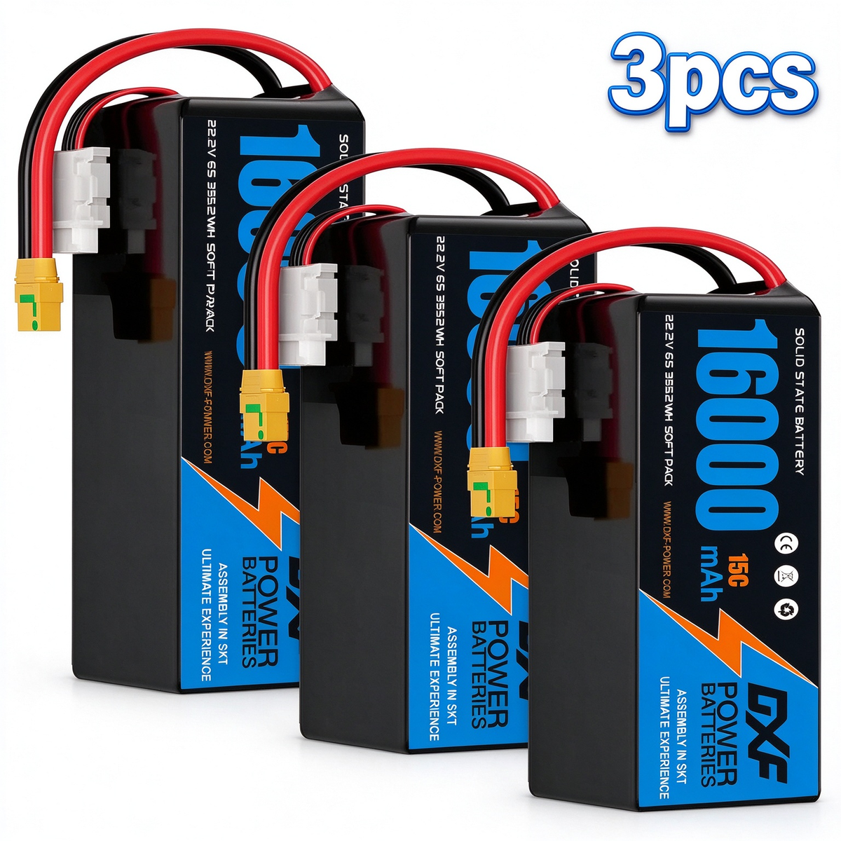 DXF 6S 22.2V 16000mAh 15C Soft Case LiPo Battery with 8AWG Wire for Toy Cars, Boats, UAVs & Drones (1-6 Pack)