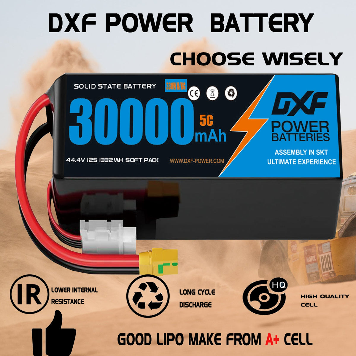 DXF SEMI-SOLID 12S 44.4V 30000mAh 5C Soft Case LiPo Battery with 8AWG Wire for Toy Cars, Boats, UAVs & Drones (1-6 Pack)