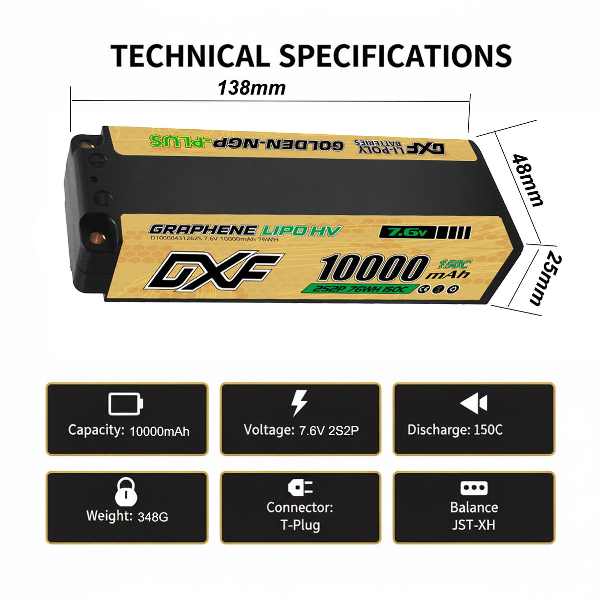 DXF LiPo Battery 2S2P HV 7.6V 10000mAh 150C Graphene NGP Plus Gold Version with 5mm Bullet / EC5 / T / TRX / XT60 / XT90 / XT150 / Q8s Plug for RC 1/10 1/8 1/5 Scale Car Racing