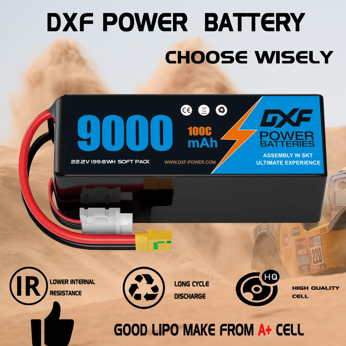 DXF 6S 22.2V 9000mAh 100C Soft Case LiPo Battery with 10AWG Wire for Toy Cars, Boats, UAVs & Drones (1-6 Pack)