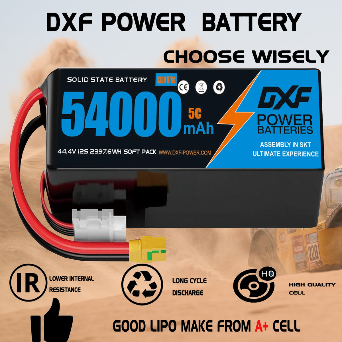 DXF SEMI-SOLID 12S 44.4V 54000mAh 5C Soft Case LiPo Battery with 8AWG Wire for Toy Cars, Boats, UAVs & Drones (1-6 Pack)