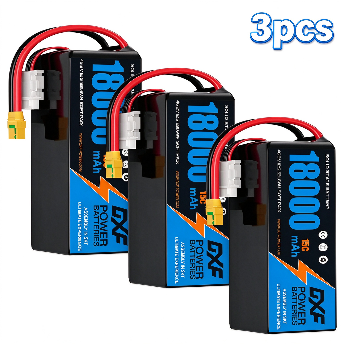 DXF SEMI-SOLID 12S 46.2V 18000mAh 15C Soft Case LiPo Battery with 8AWG Wire for Toy Cars, Boats, UAVs & Drones (1-6 Pack)