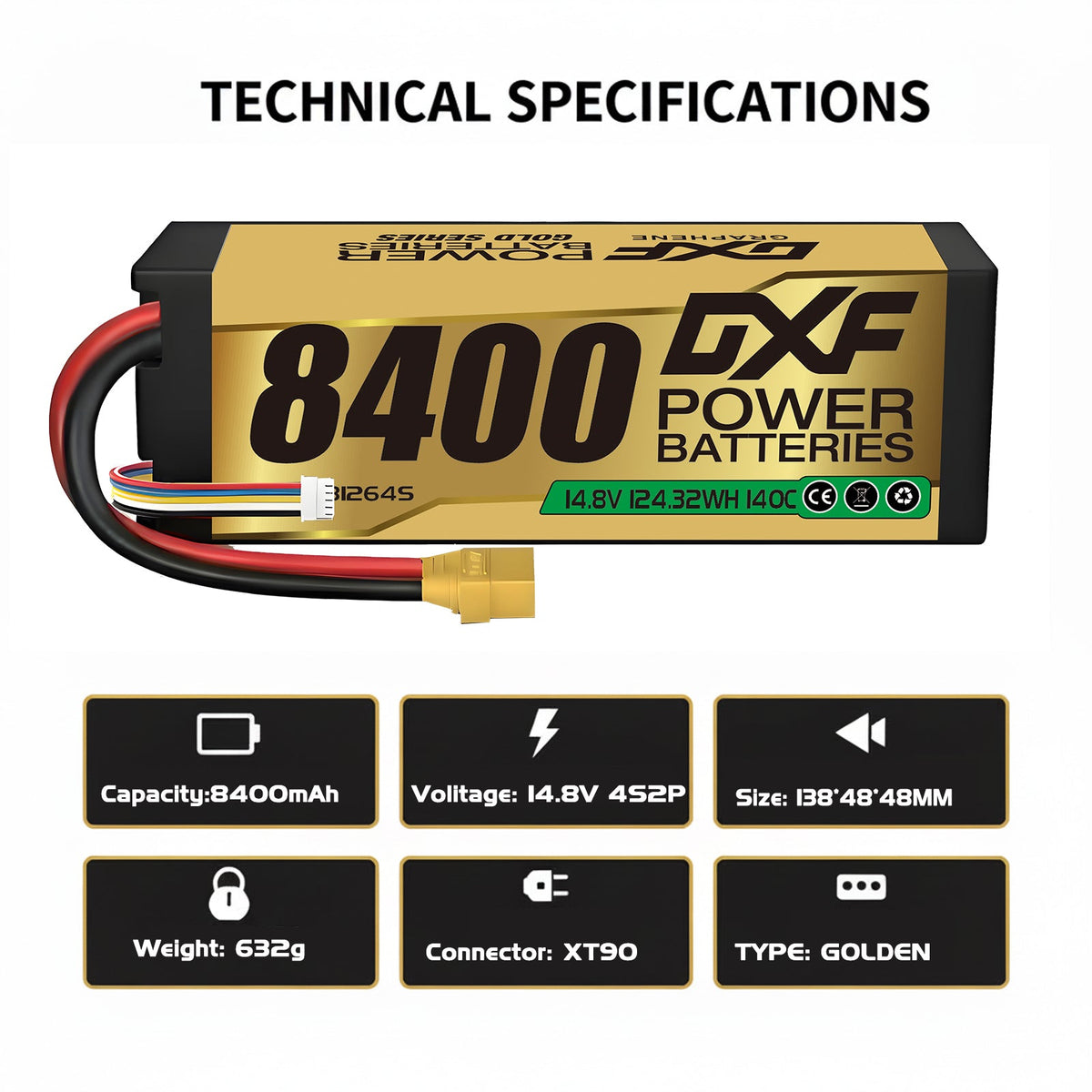 DXF LiPo Battery 4S 14.8V 8400mAh 140C Graphene Hardcase Gold with EC5 / T / TRX / XT60 / XT90 / XT150 / Q8s Plug for RC 1/8 1/10 Buggy Truck Car Off-Road Drone