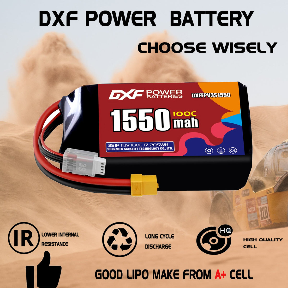 DXF 3S 11.1V 1550mAh 100C LiPo Battery for FPV Micro Drones (PH2.0 / JST / XT30 / SM / XT60 / EC5 / XT90 Options)