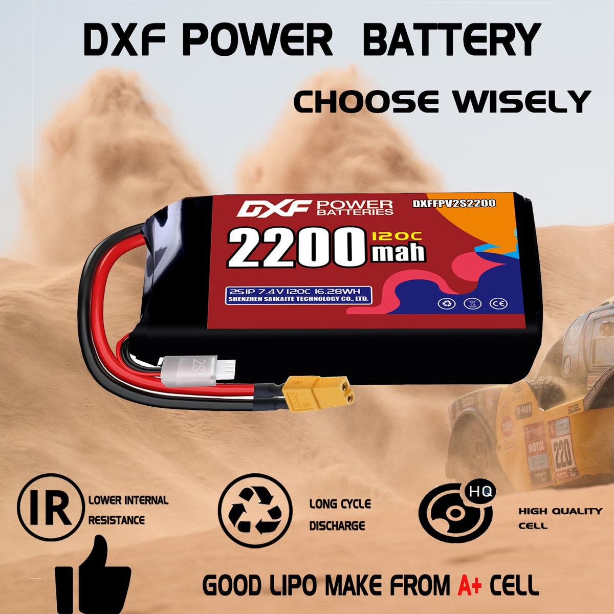 DXF 2S 7.4V 2200mAh 120C LiPo Battery for FPV Micro Drones (PH2.0 / JST / XT30 / SM / XT60 / EC5 / XT90 Options)