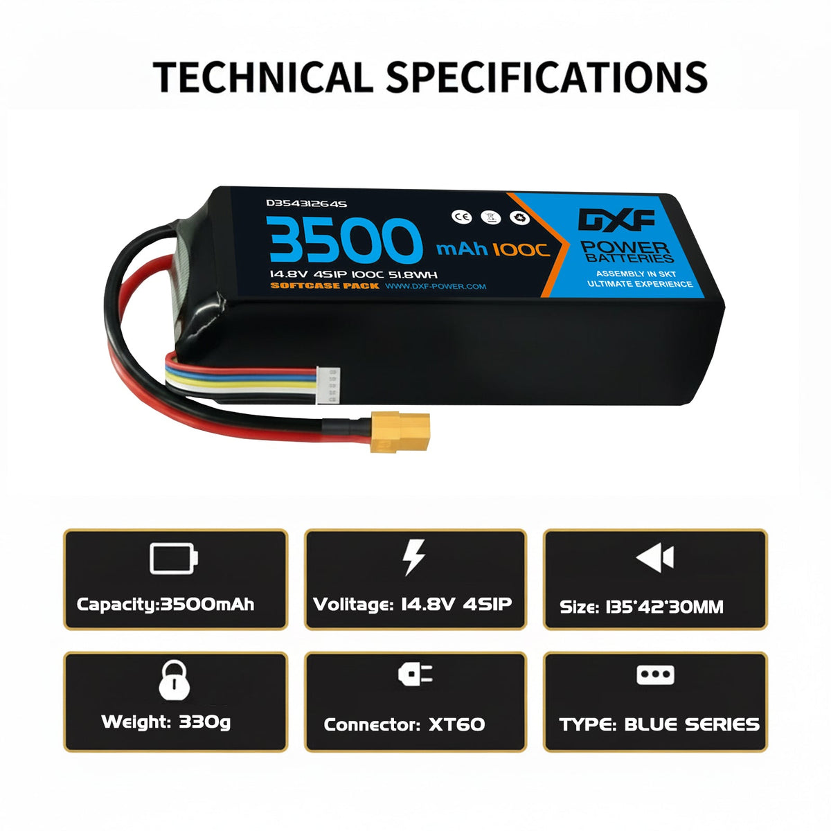 DXF 4S 14.8V 3500mAh 100C Graphene Softcase LiPo Battery with XT60 & 12AWG Wire for RC Cars, Boats & Aircraft Models (1-6 Pack)