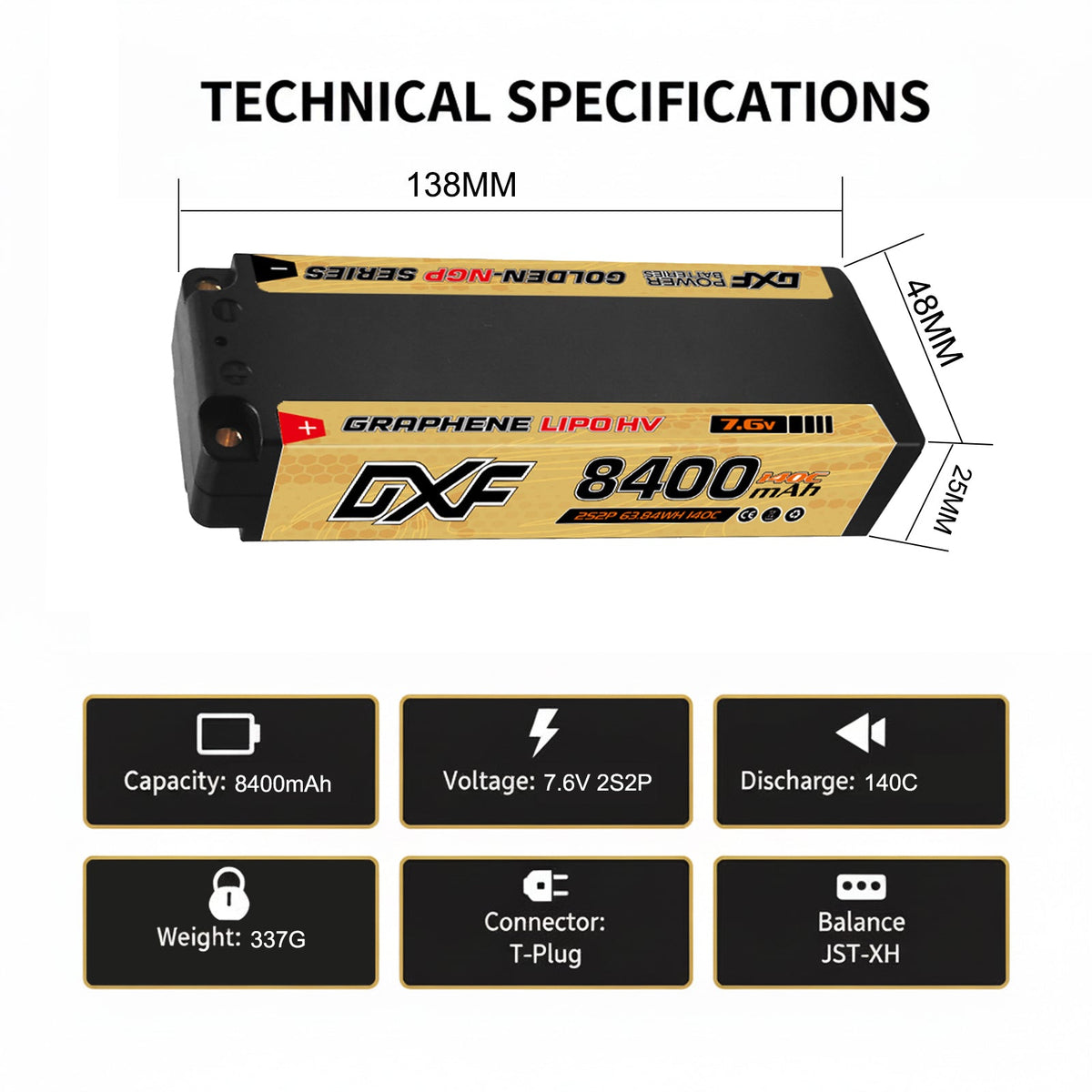 DXF 5mm 2S 8400mAh 7.6V 140C EFRA Certified GOLDEN-NGP HardCase LiPo Battery with Deans Plug for 1:8 RC Car, Multirotor, Airplane, Helicopter, Boat (1-6 Pack Available)