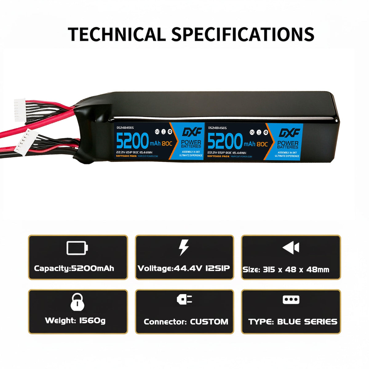 DXF LiPo Battery 12S 44.4V 5200mAh 80C Graphene Softcase Blue with EC5 / T / TRX / XT60 / XT90 / XT150 / Q8s Plug for RC 1/8 1/10 Buggy Truck Car Off-Road Drone